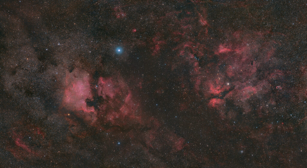 Il Cigno, nebulosa Nord America NGC 7000, Nebulosa Pellicano IC 5070, Nebulosa Crescente NGC 6888, NGC 6914, mosaico con Askar ACL200 APO 50mm F/4.0 e ZWO ASI 2400 MC Pro Astrofotografia a largo campo sul Cigno