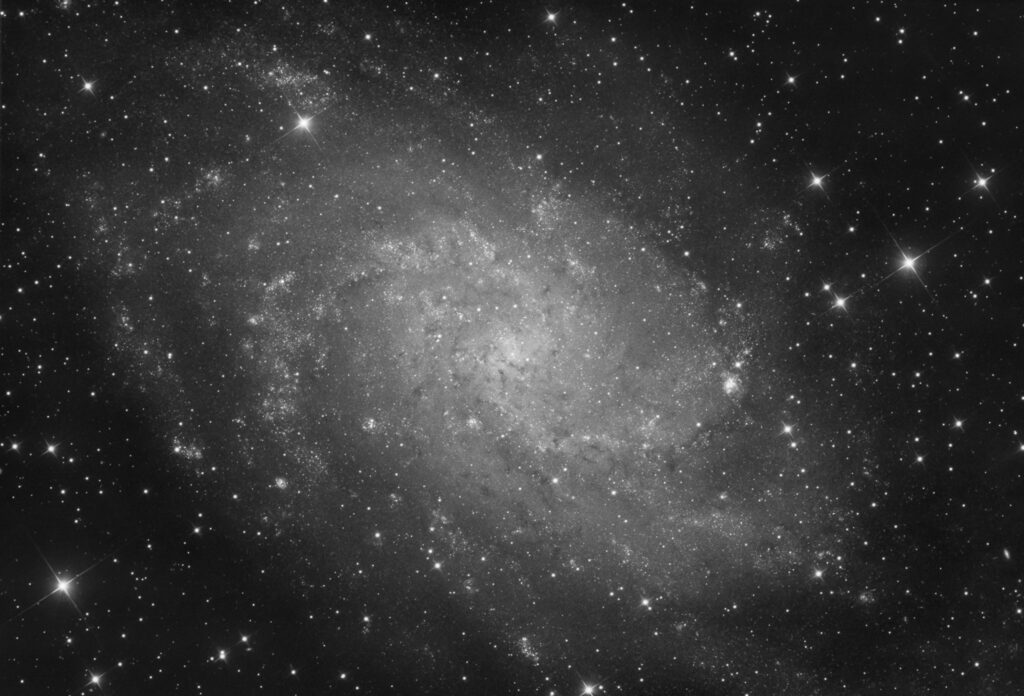Galassia Triangolo M33 in luminanza (NGC 604, NGC 588, IC 137, NGC 595). Con Sky-Watcher 300/1200 f/4, ZWO ASI 294MM e Optolong L-Pro Astrofotografia sulla galassia Triangolo M33 e le sue nebulose