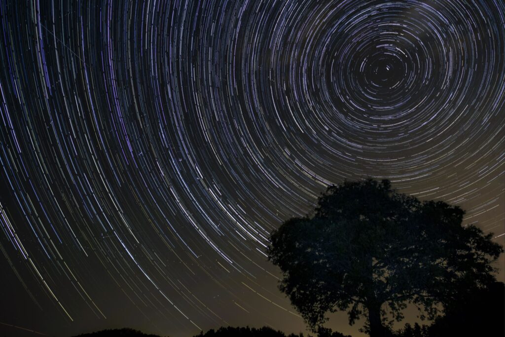 Fotografia Star Trail con stelle e lucciole