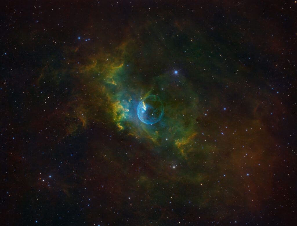 Nebulosa Bolla NGC 7635 in Hubble Palette Sii:Ha:Oiii banda stretta narrowband h-alpha bubble nebula GSO Carbon RC8 Tecnosky