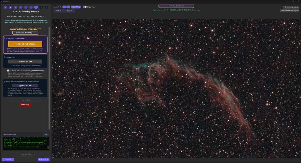 La funzione di Stretch per sviluppare l'immagine in AstroWizard